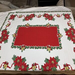 VTG Christmas Poinsettia Tablecloth 66x58"   Rectangle Cotton Holiday